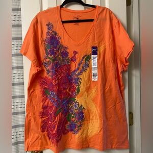 Just My Size Orange V-Neck T-Shirt with Peacock and Floral Design Size 3X
